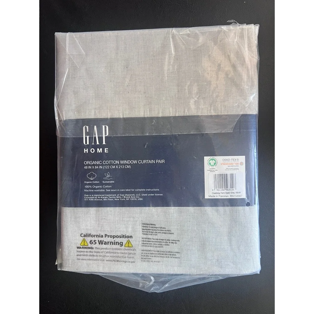 Gap Home Organic Cotton Window Curtain Pair 48x84 Grey Chambray Yarn Dyed NEW